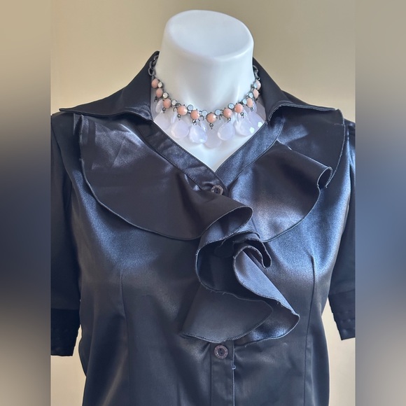 Color Style Black Satin short Striped Sleeves Metal Buttons V Neck Ruffles SZ XL - Picture 3 of 14